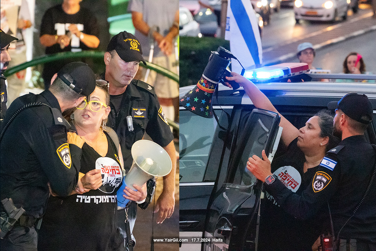 גלי משמאל, בידי השוטרים וליאורה מימין, מוכנסת לניידת המשטרה